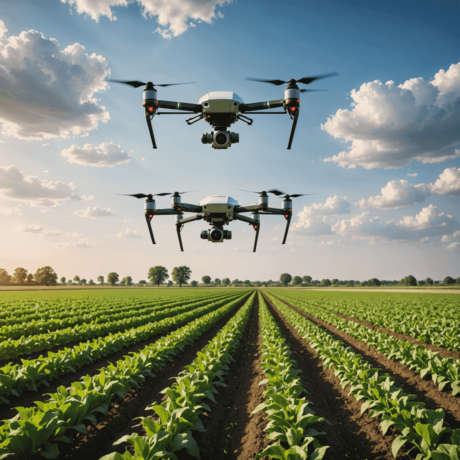 Campo de cultivo con drones y sensores de IA sobrevolando, mostrando la integración de la tecnología en la agricultura moderna