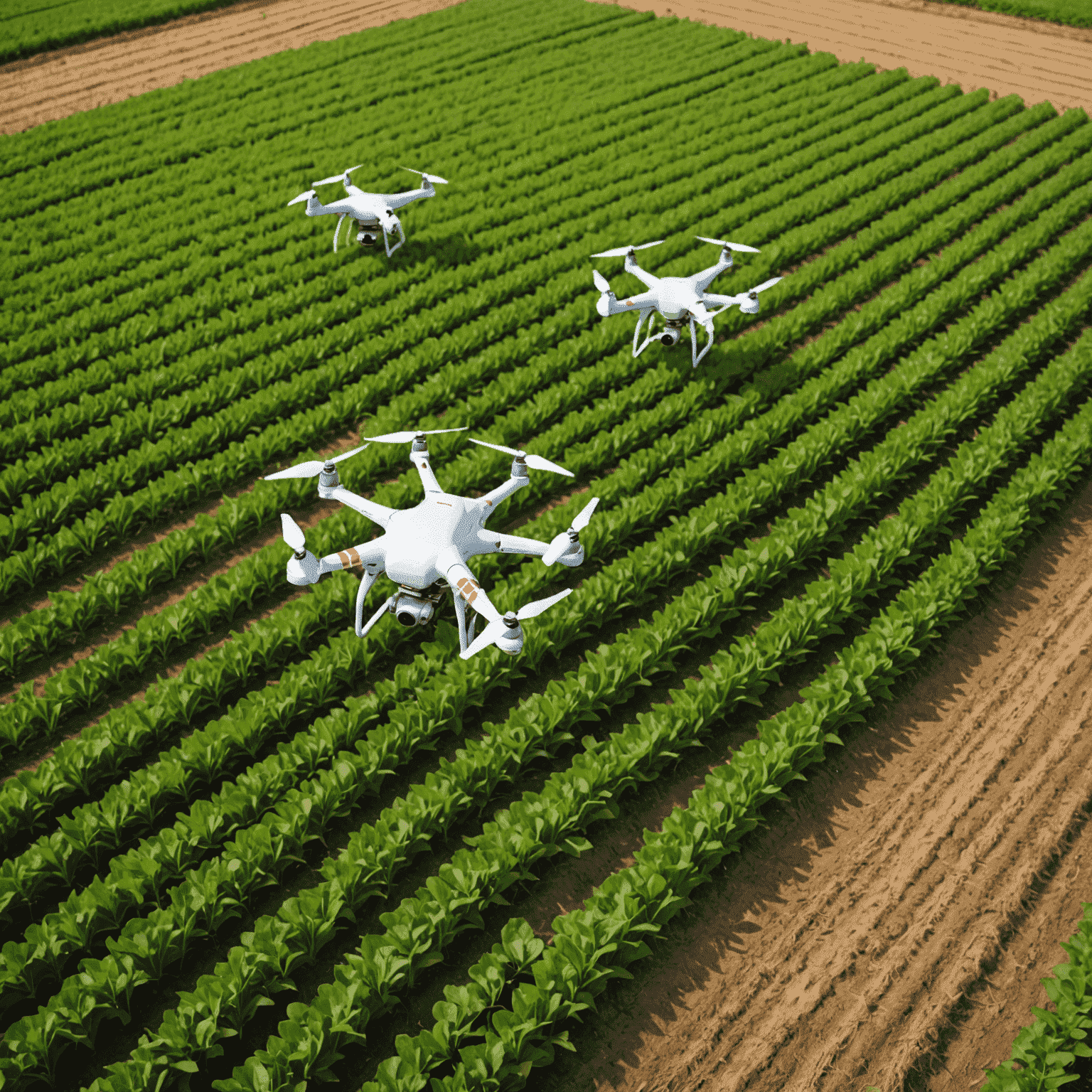 Campo agrícola con drones y sensores inteligentes monitoreando cultivos