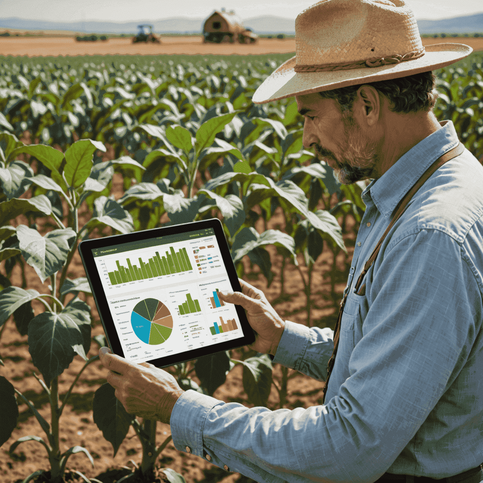 Agricultor español utilizando una tablet para analizar datos de IA sobre sus cultivos, con gráficos y predicciones en la pantalla